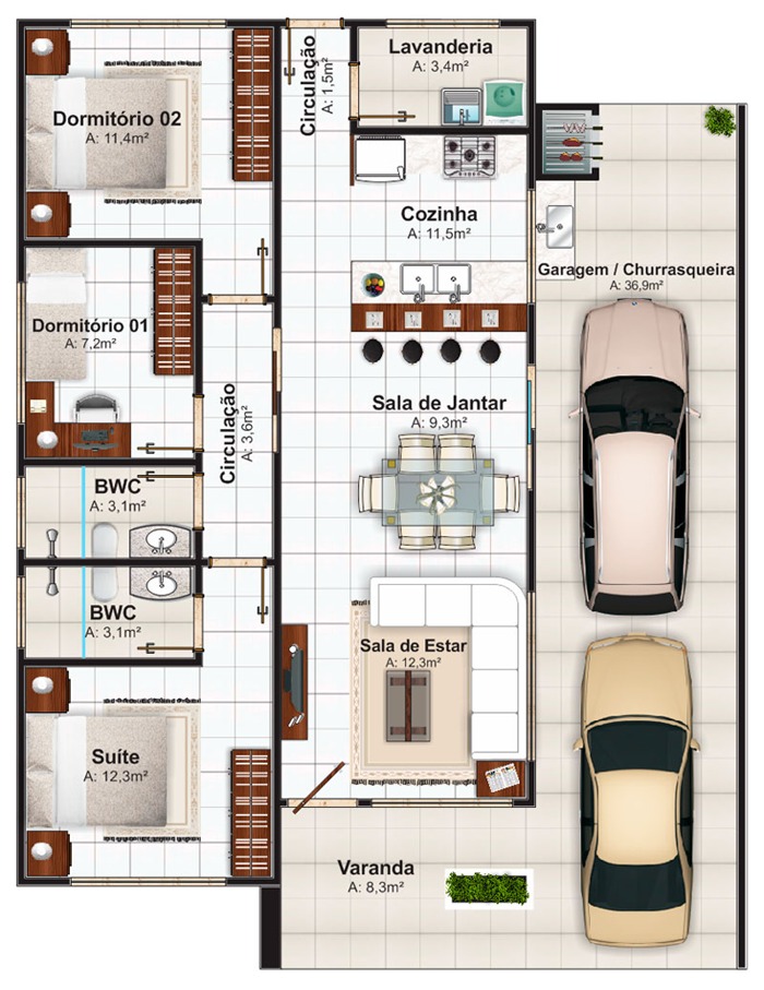 planta de casas com 3 quartos