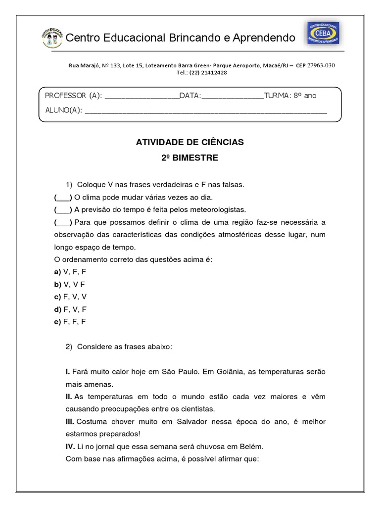 exercícios sobre clima e tempo 6 ano com gabarito