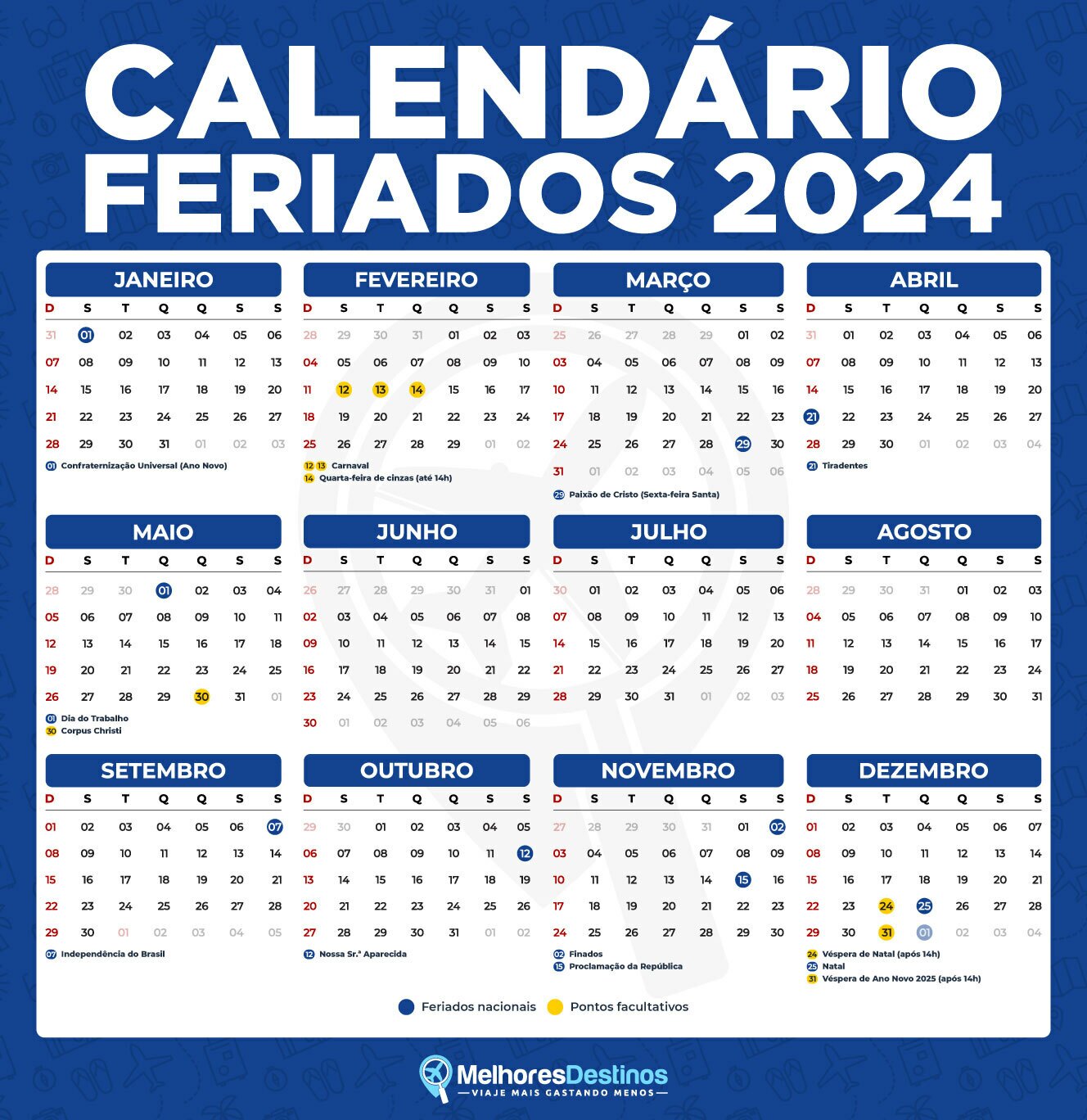 Quais são os feriados no calendário de 2024?