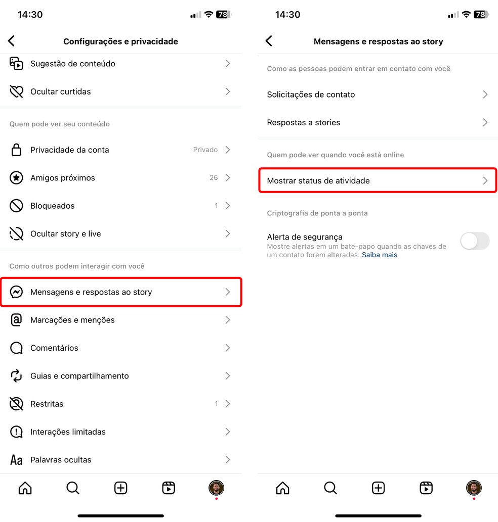 Como desativar o status online no Instagram?