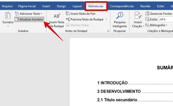 como fazer sumario word?